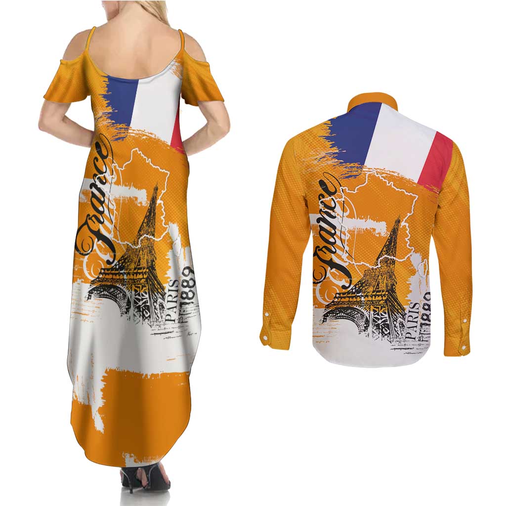 Bastille Day Couples Matching Summer Maxi Dress and Long Sleeve Button Shirt France Typography Art Grunge Style
