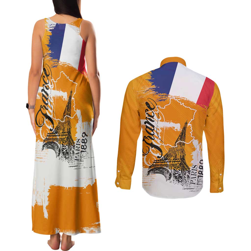 Bastille Day Couples Matching Tank Maxi Dress and Long Sleeve Button Shirt France Typography Art Grunge Style