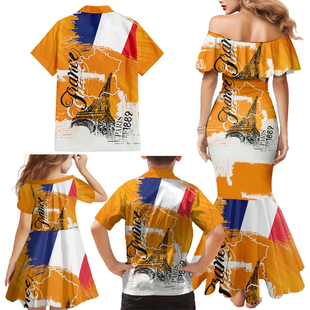 Bastille Day Family Matching Mermaid Dress and Hawaiian Shirt France Typography Art Grunge Style