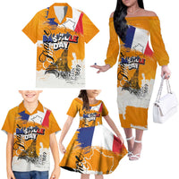 Bastille Day Family Matching Off The Shoulder Long Sleeve Dress and Hawaiian Shirt France Typography Art Grunge Style