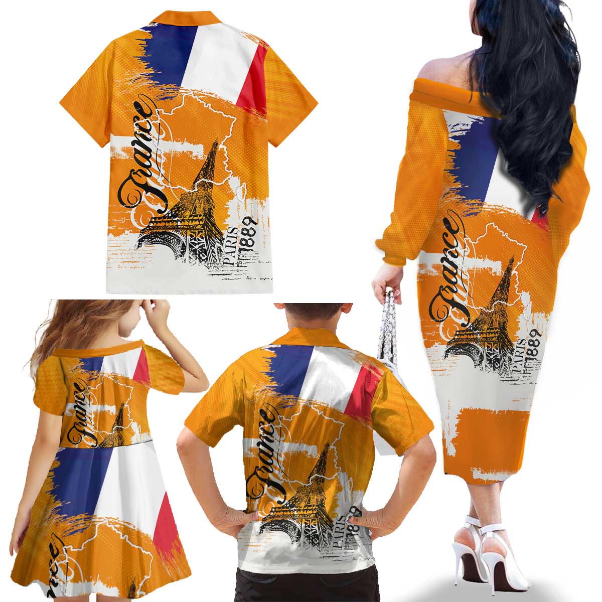Bastille Day Family Matching Off The Shoulder Long Sleeve Dress and Hawaiian Shirt France Typography Art Grunge Style