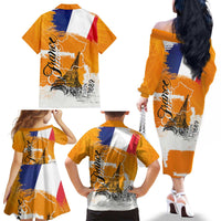 Bastille Day Family Matching Off The Shoulder Long Sleeve Dress and Hawaiian Shirt France Typography Art Grunge Style