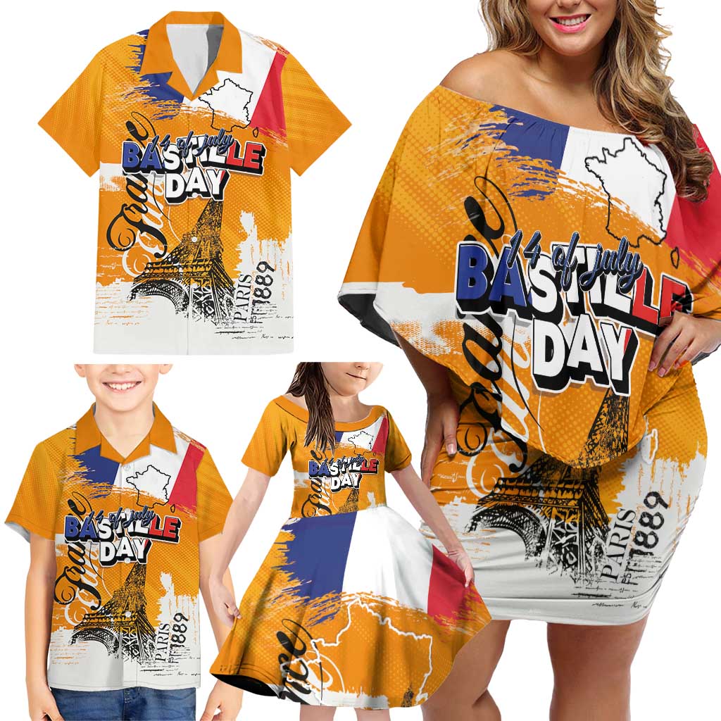 Bastille Day Family Matching Off Shoulder Short Dress and Hawaiian Shirt France Typography Art Grunge Style