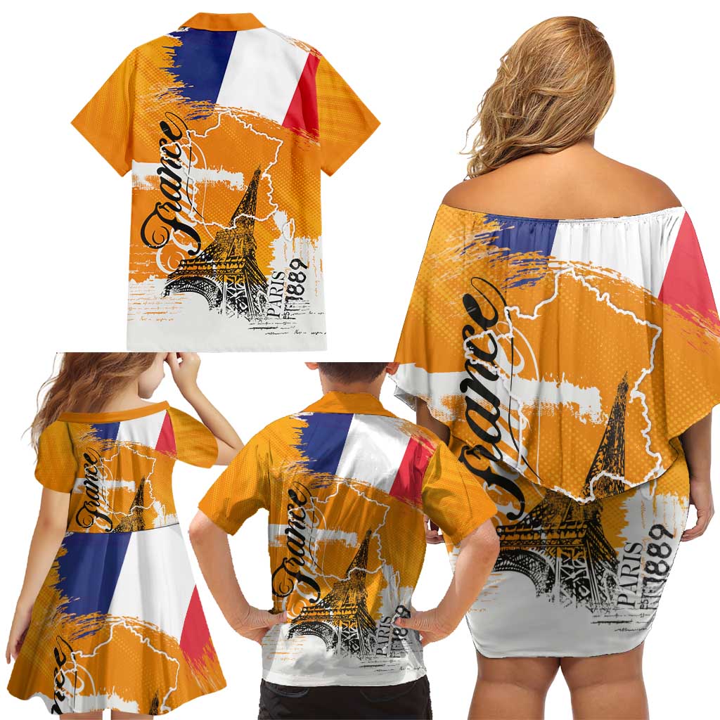 Bastille Day Family Matching Off Shoulder Short Dress and Hawaiian Shirt France Typography Art Grunge Style