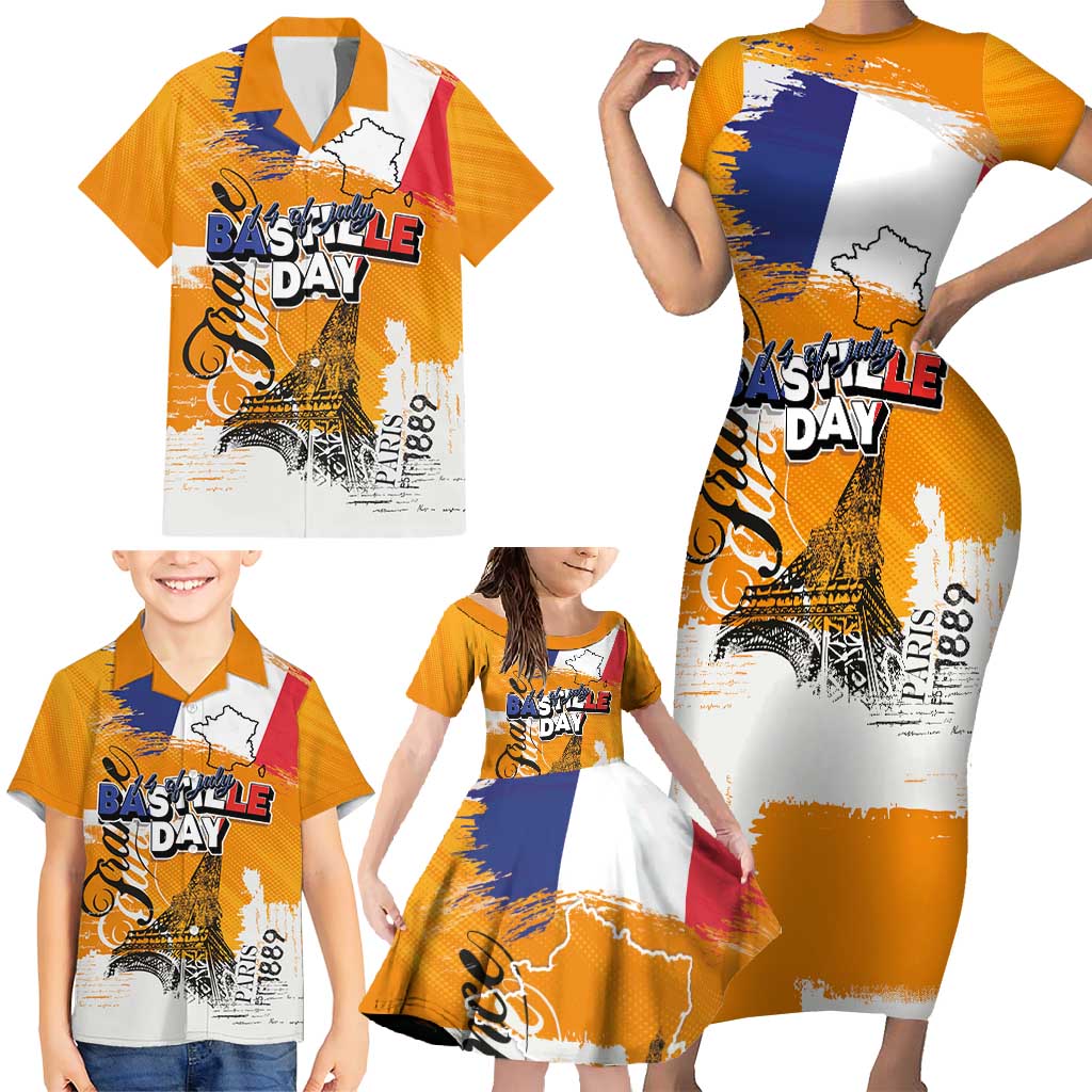 Bastille Day Family Matching Short Sleeve Bodycon Dress and Hawaiian Shirt France Typography Art Grunge Style