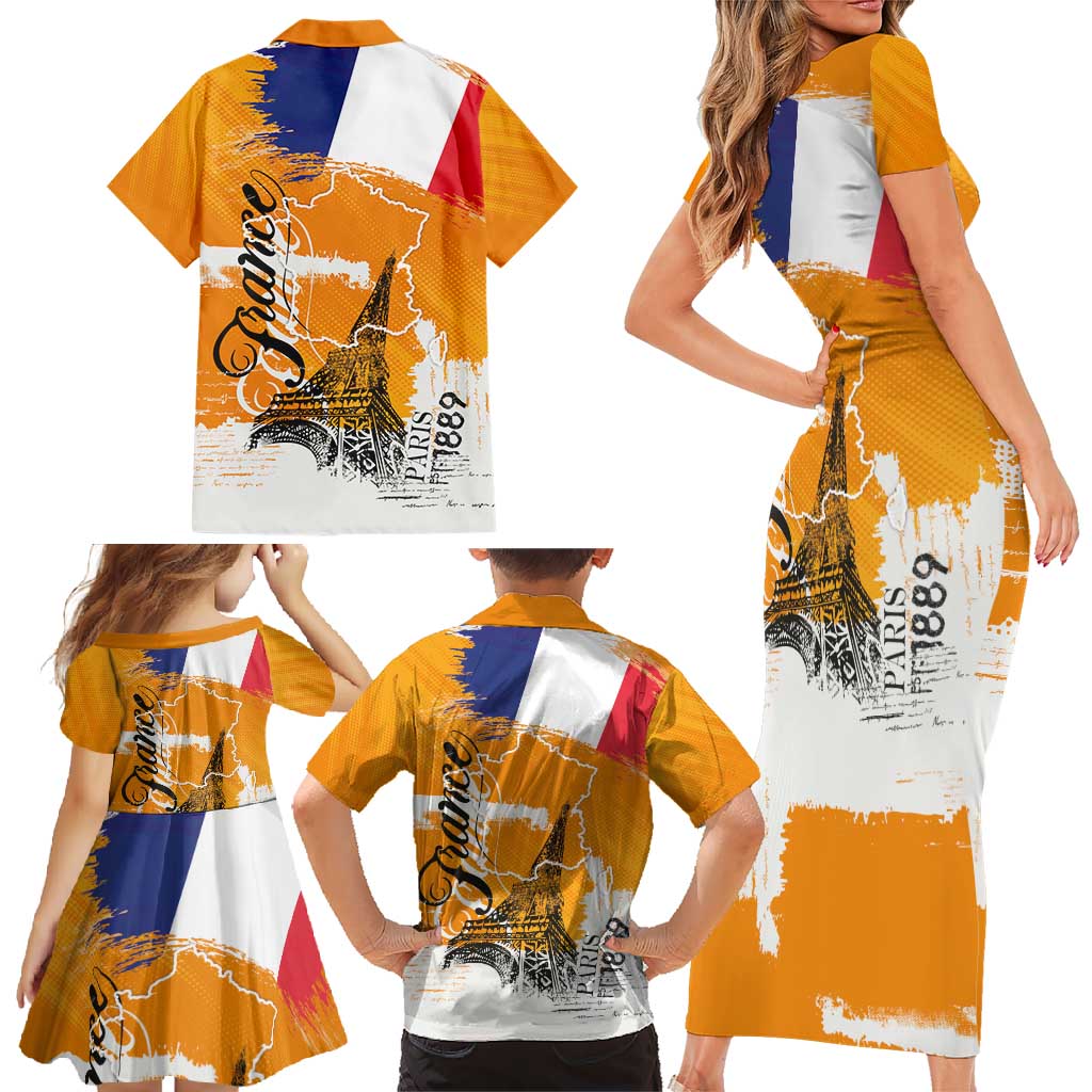 Bastille Day Family Matching Short Sleeve Bodycon Dress and Hawaiian Shirt France Typography Art Grunge Style