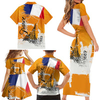 Bastille Day Family Matching Short Sleeve Bodycon Dress and Hawaiian Shirt France Typography Art Grunge Style