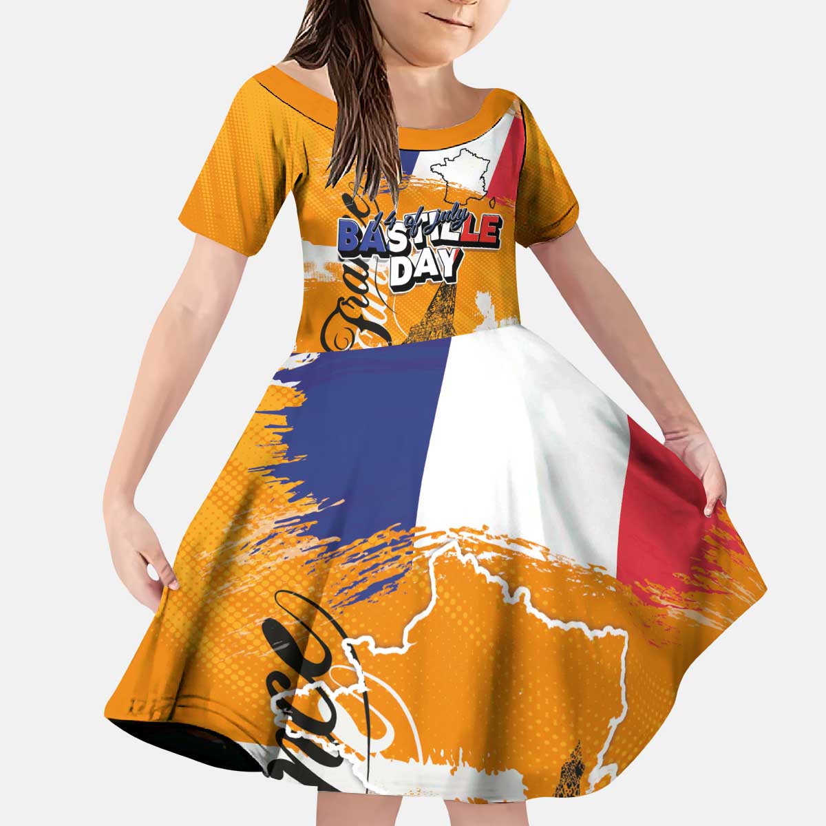 Bastille Day Kid Short Sleeve Dress France Typography Art Grunge Style
