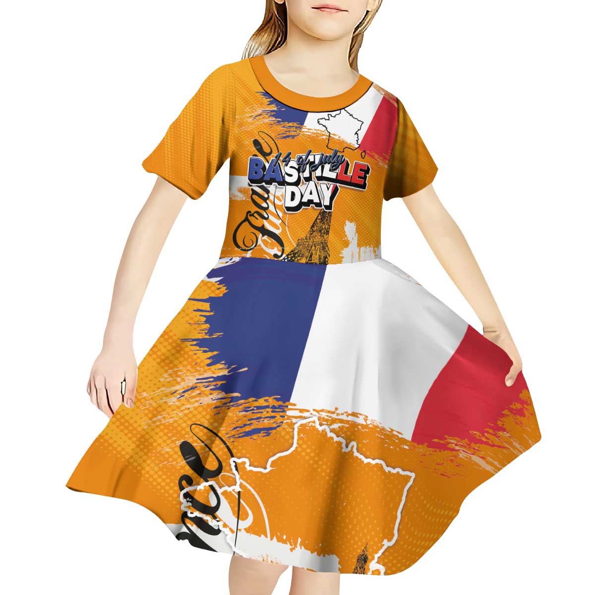 Bastille Day Kid Short Sleeve Dress France Typography Art Grunge Style