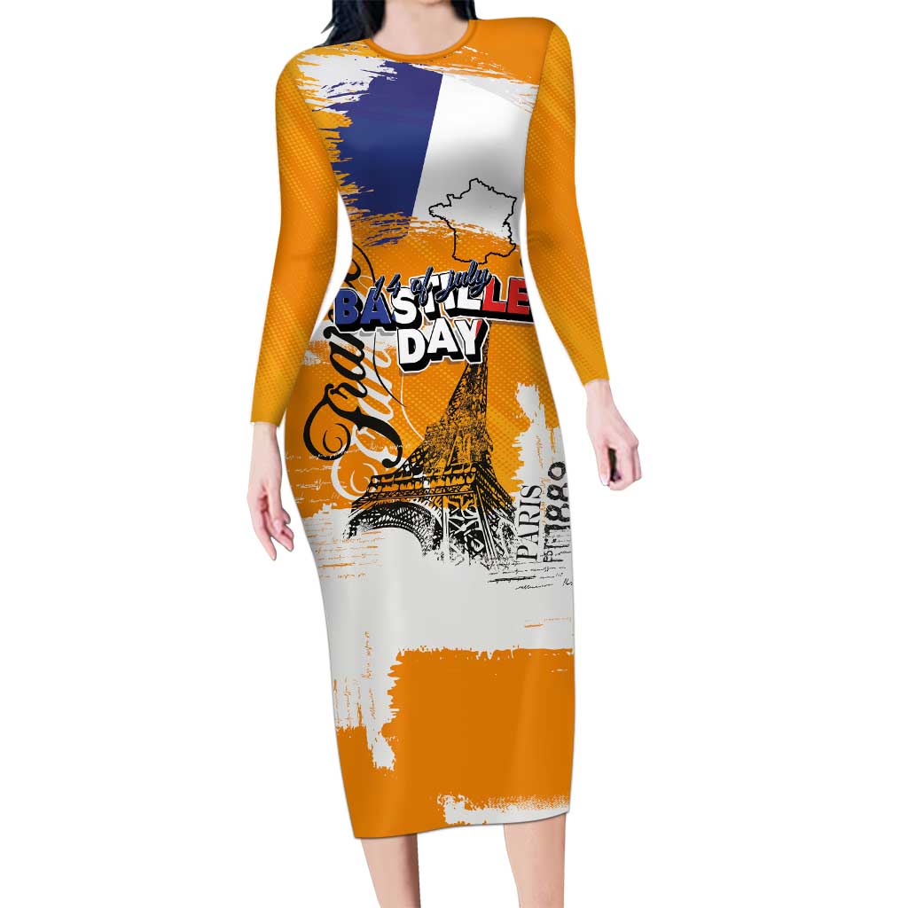 Bastille Day Long Sleeve Bodycon Dress France Typography Art Grunge Style