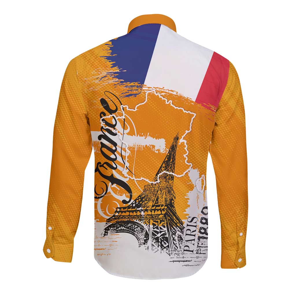 Bastille Day Long Sleeve Button Shirt France Typography Art Grunge Style