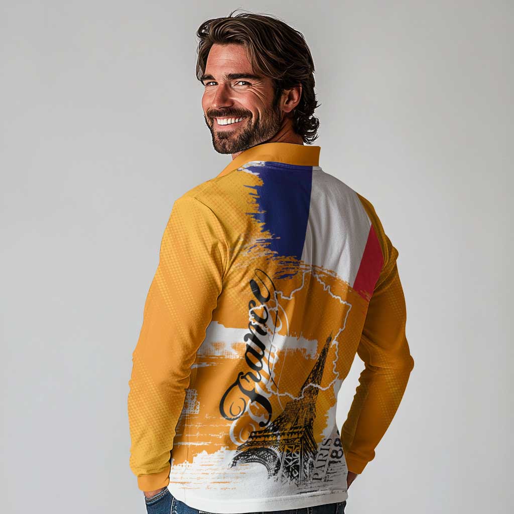 Bastille Day Long Sleeve Polo Shirt France Typography Art Grunge Style