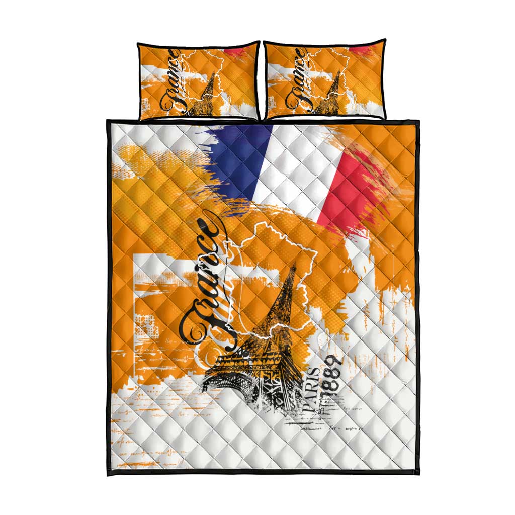 Bastille Day Quilt Bed Set France Typography Art Grunge Style