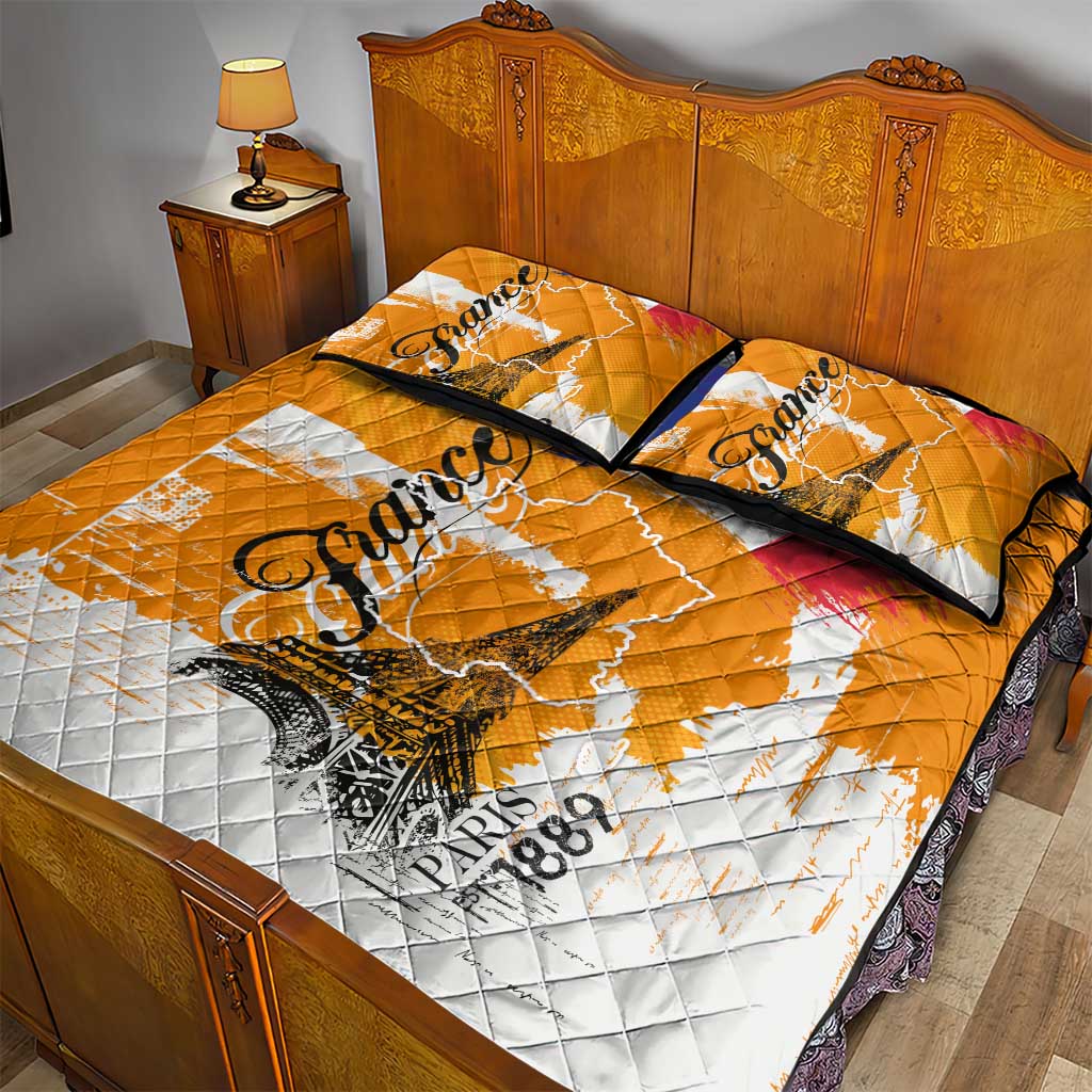 Bastille Day Quilt Bed Set France Typography Art Grunge Style
