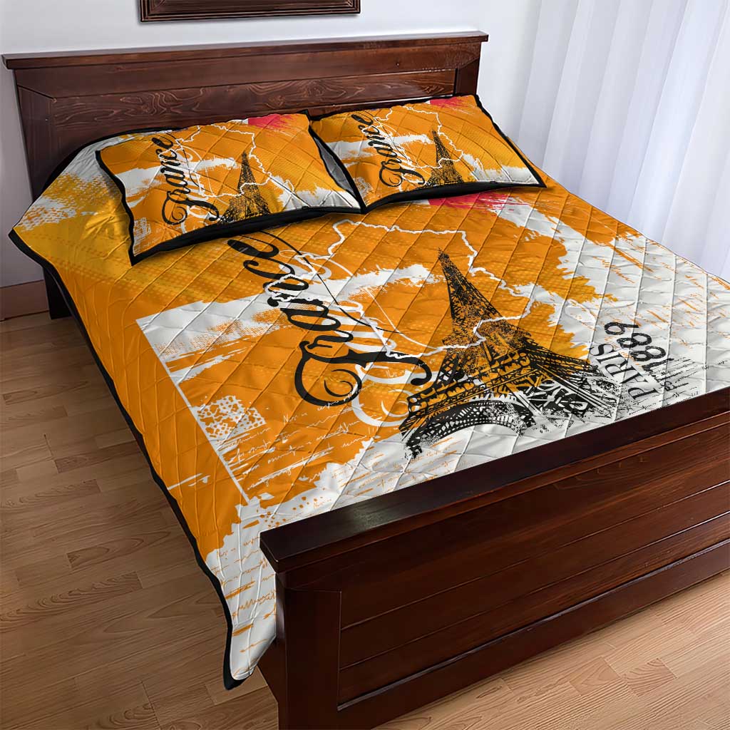Bastille Day Quilt Bed Set France Typography Art Grunge Style