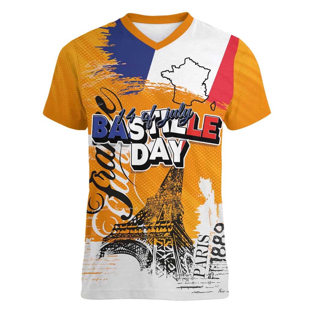 Bastille Day Women V-Neck T-Shirt France Typography Art Grunge Style