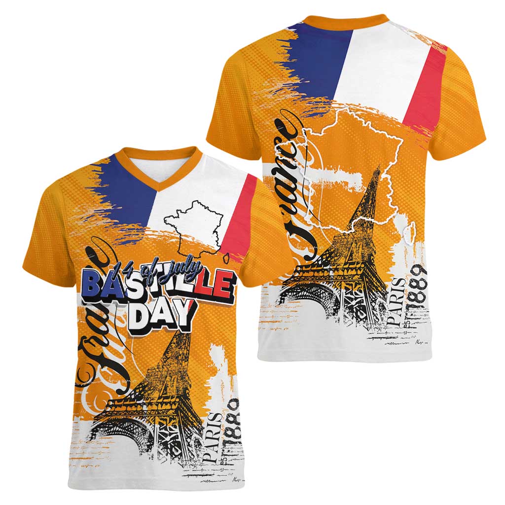 Bastille Day Women V-Neck T-Shirt France Typography Art Grunge Style