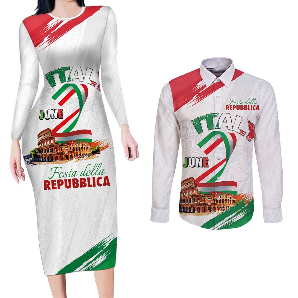 Italian National Day Couples Matching Long Sleeve Bodycon Dress and Long Sleeve Button Shirt Festa della Repubblica-The Colosseum Grunge Style