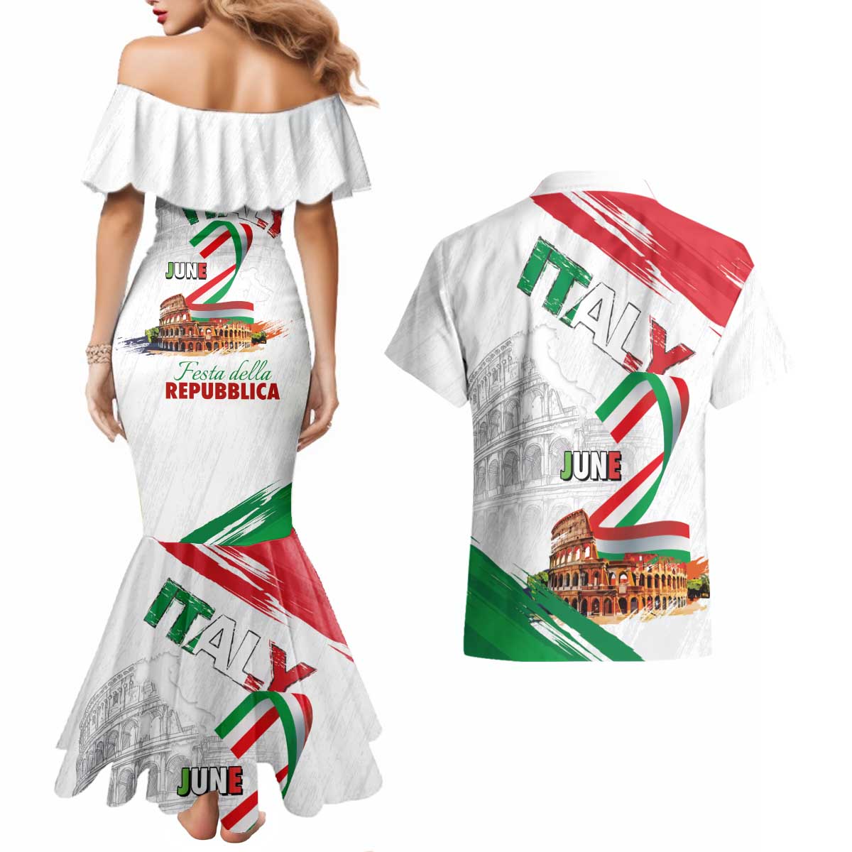 Italian National Day Couples Matching Mermaid Dress and Hawaiian Shirt Festa della Repubblica-The Colosseum Grunge Style