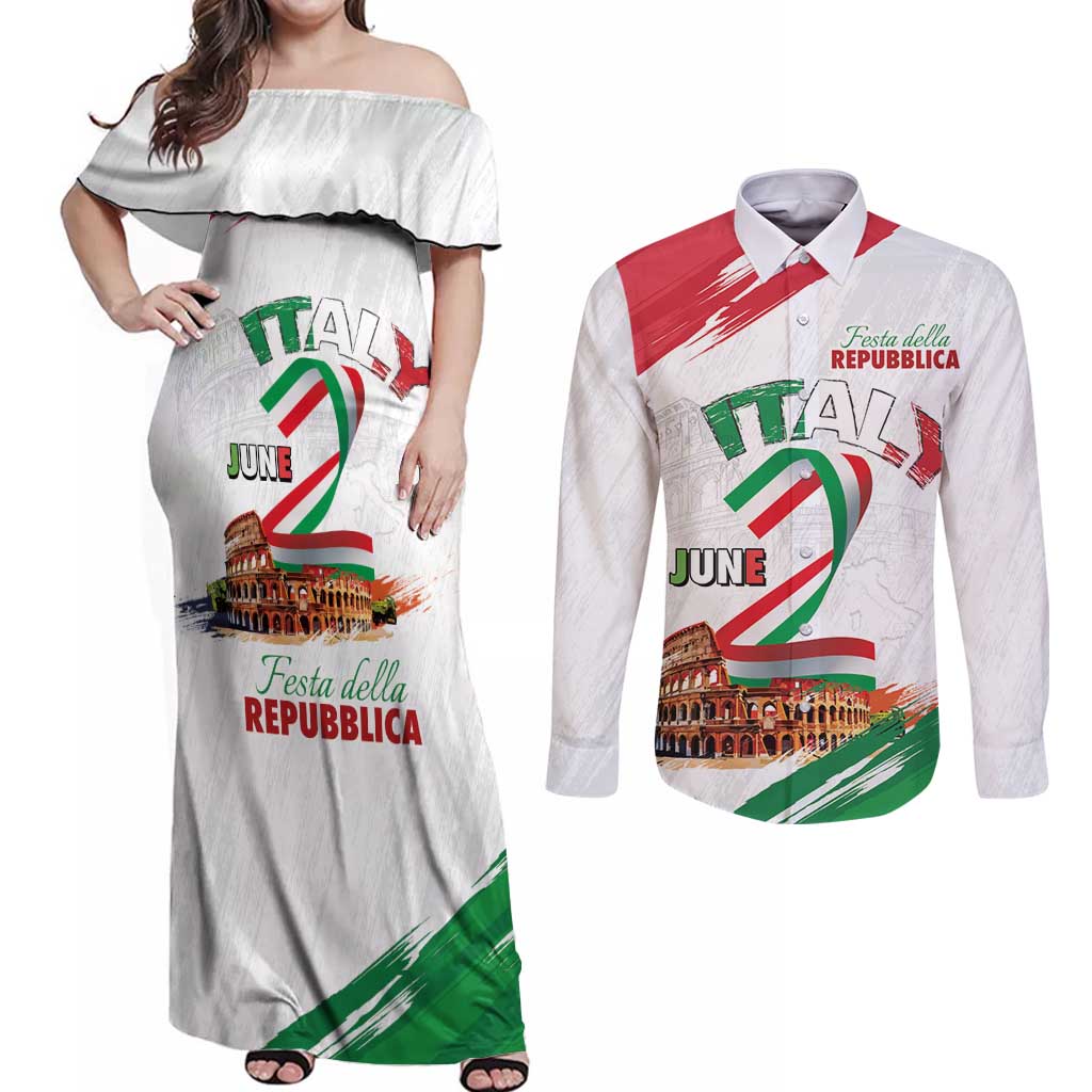 Italian National Day Couples Matching Off Shoulder Maxi Dress and Long Sleeve Button Shirt Festa della Repubblica-The Colosseum Grunge Style