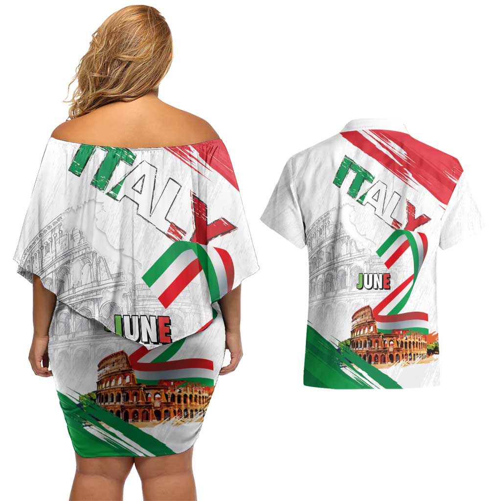 Italian National Day Couples Matching Off Shoulder Short Dress and Hawaiian Shirt Festa della Repubblica-The Colosseum Grunge Style
