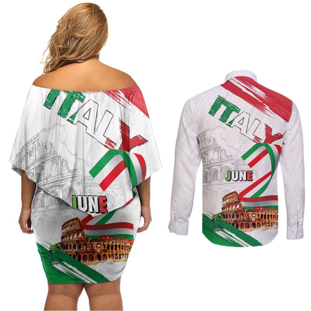 Italian National Day Couples Matching Off Shoulder Short Dress and Long Sleeve Button Shirt Festa della Repubblica-The Colosseum Grunge Style
