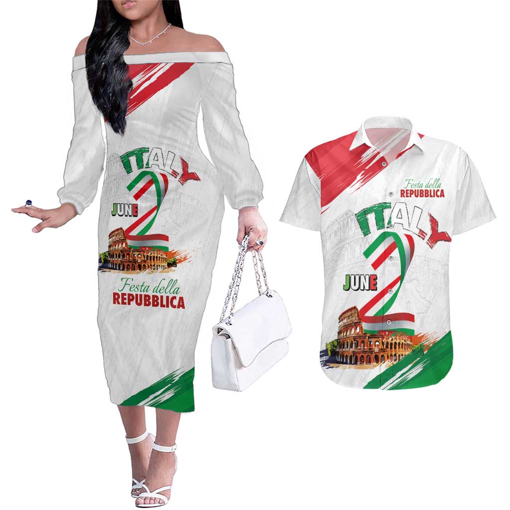 Italian National Day Couples Matching Off The Shoulder Long Sleeve Dress and Hawaiian Shirt Festa della Repubblica-The Colosseum Grunge Style