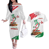 Italian National Day Couples Matching Off The Shoulder Long Sleeve Dress and Hawaiian Shirt Festa della Repubblica-The Colosseum Grunge Style