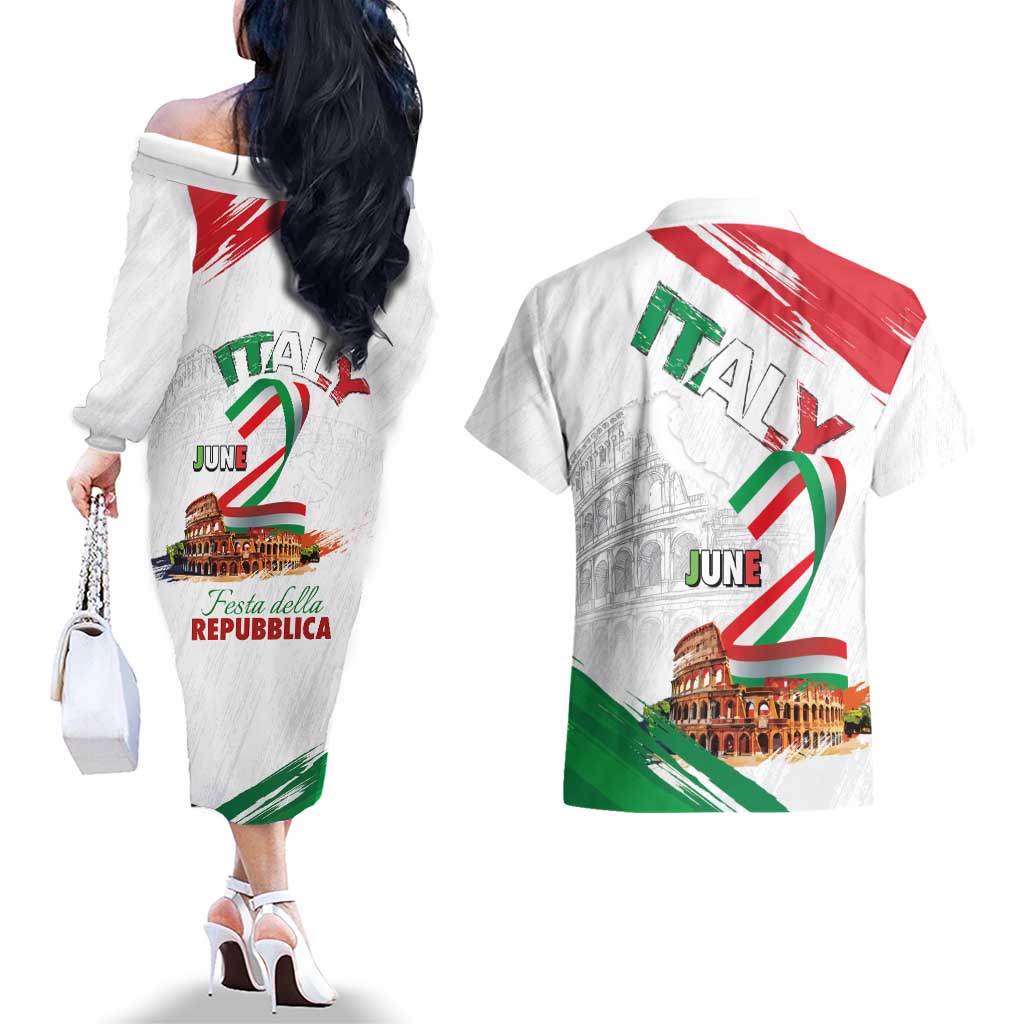 Italian National Day Couples Matching Off The Shoulder Long Sleeve Dress and Hawaiian Shirt Festa della Repubblica-The Colosseum Grunge Style