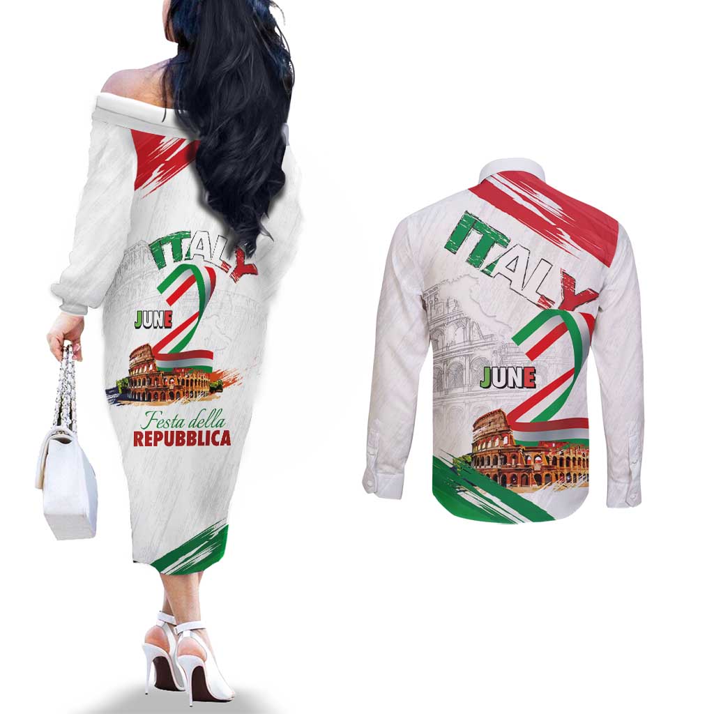Italian National Day Couples Matching Off The Shoulder Long Sleeve Dress and Long Sleeve Button Shirt Festa della Repubblica-The Colosseum Grunge Style