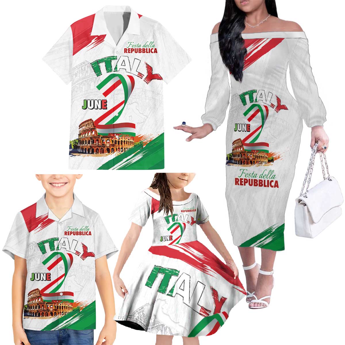 Italian National Day Family Matching Off The Shoulder Long Sleeve Dress and Hawaiian Shirt Festa della Repubblica-The Colosseum Grunge Style