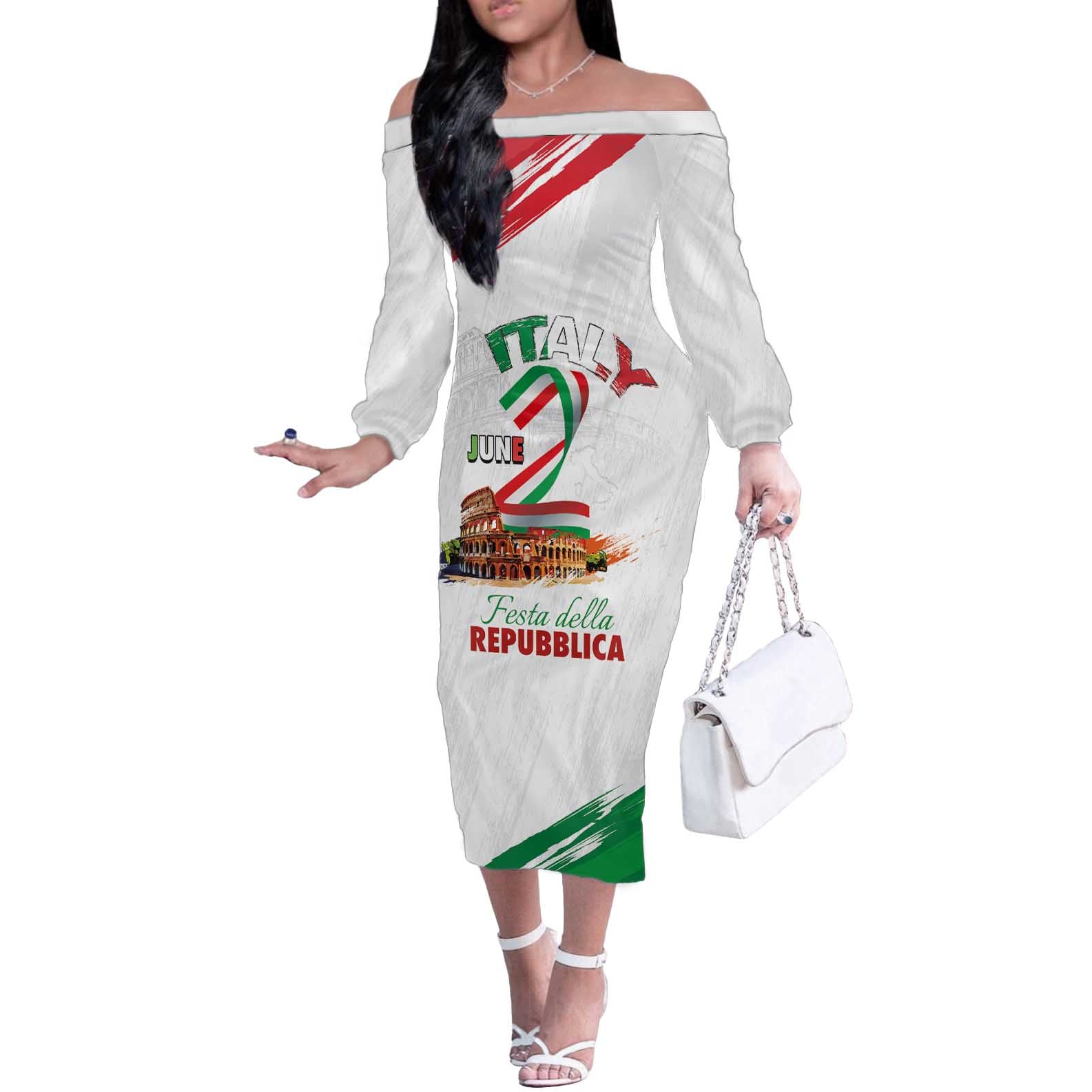 Italian National Day Off The Shoulder Long Sleeve Dress Festa della Repubblica-The Colosseum Grunge Style