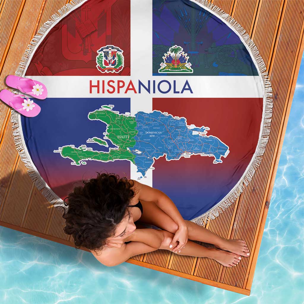 Haiti and Dominican Republic Beach Blanket Hispaniola with Emblems and Flag Style