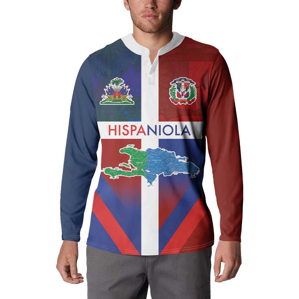 Haiti and Dominican Republic Button Sweatshirt Hispaniola with Emblems and Flag Style
