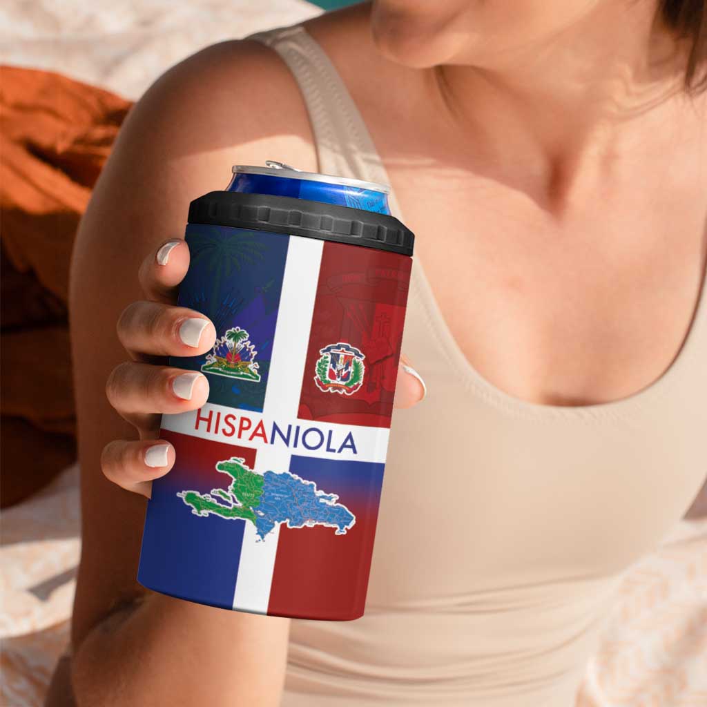 Haiti and Dominican Republic 4 in 1 Can Cooler Tumbler Hispaniola with Emblems and Flag Style