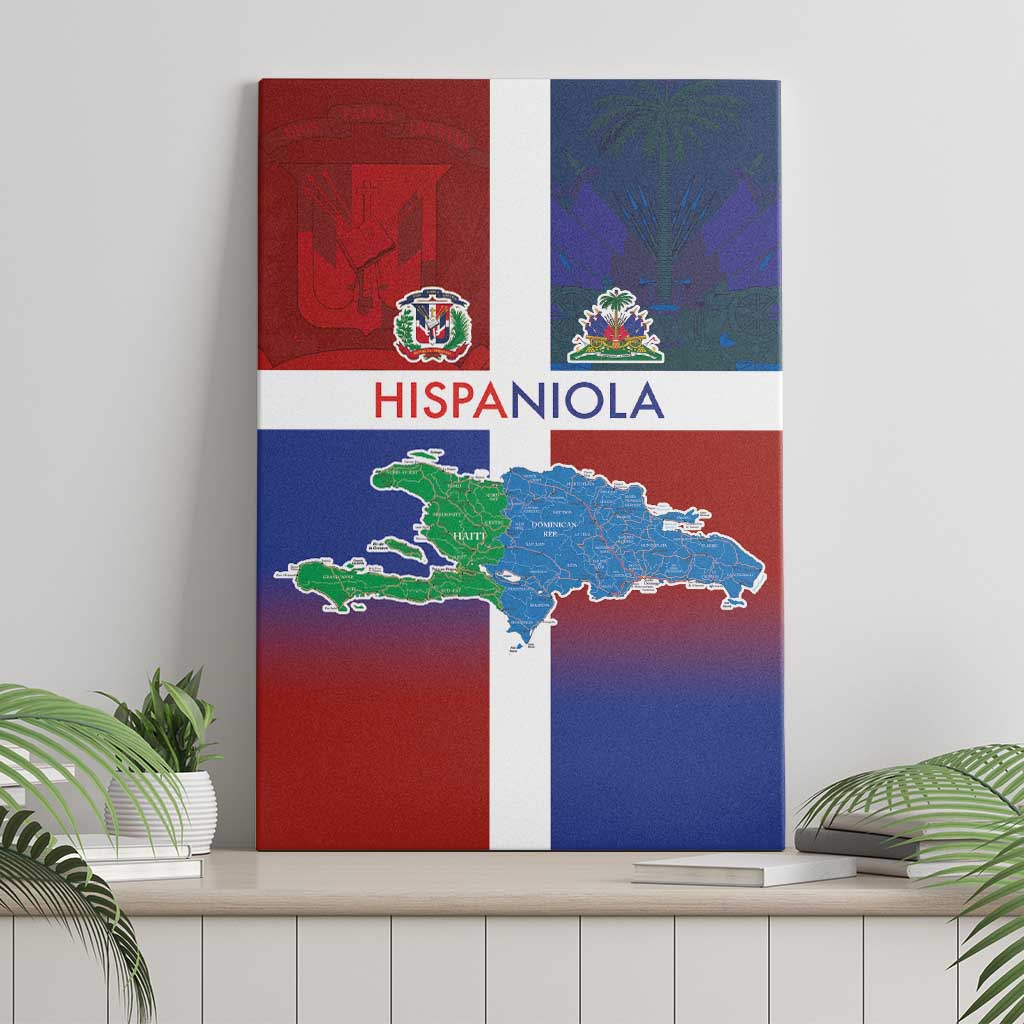 Haiti and Dominican Republic Canvas Wall Art Hispaniola with Emblems and Flag Style