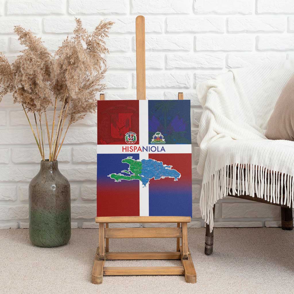 Haiti and Dominican Republic Canvas Wall Art Hispaniola with Emblems and Flag Style