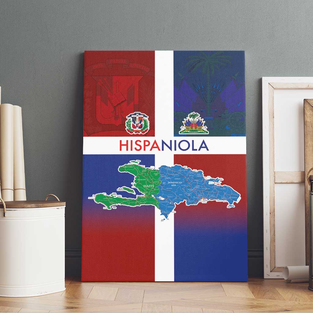 Haiti and Dominican Republic Canvas Wall Art Hispaniola with Emblems and Flag Style