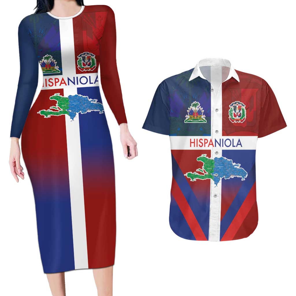 Haiti and Dominican Republic Couples Matching Long Sleeve Bodycon Dress and Hawaiian Shirt Hispaniola with Emblems and Flag Style