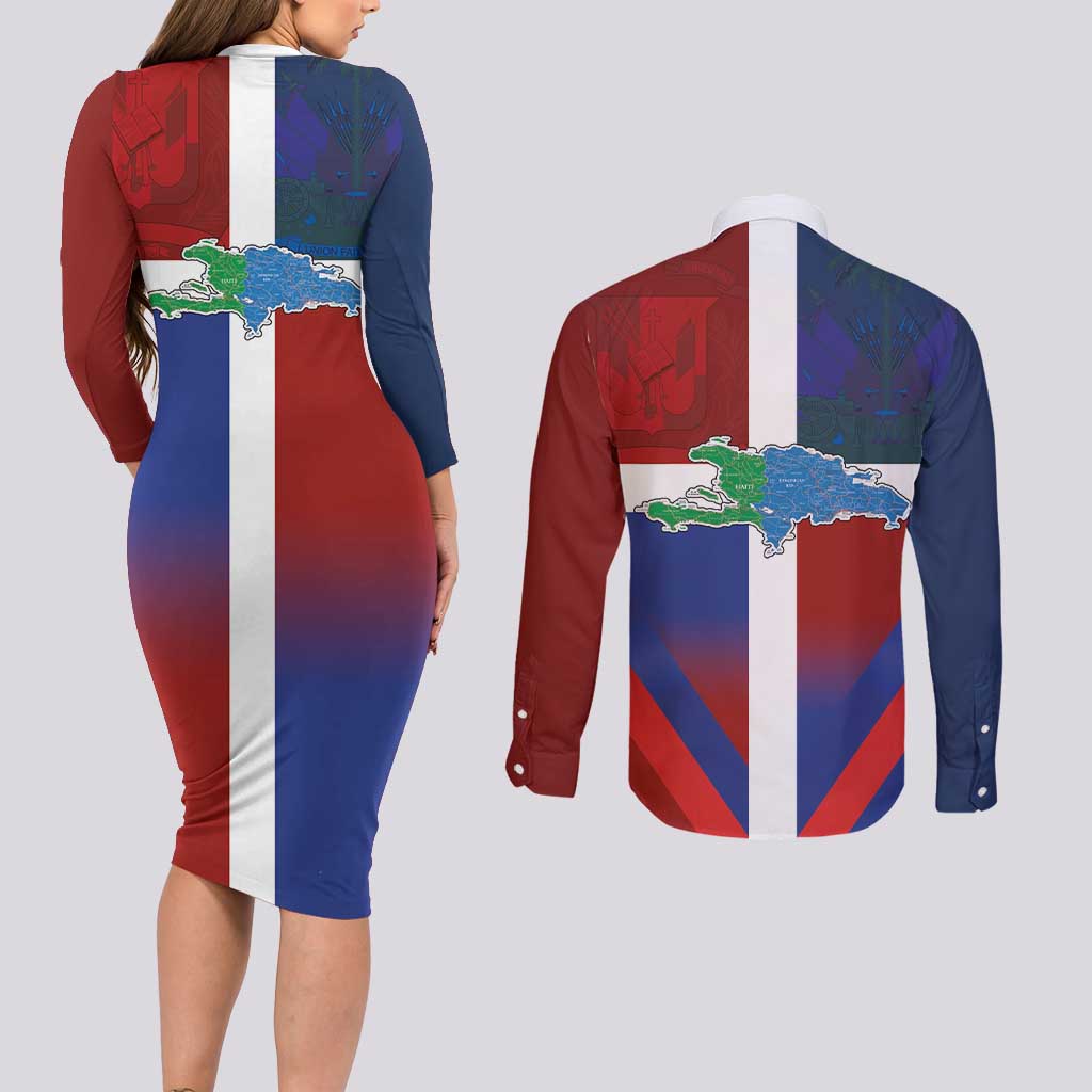 Haiti and Dominican Republic Couples Matching Long Sleeve Bodycon Dress and Long Sleeve Button Shirt Hispaniola with Emblems and Flag Style
