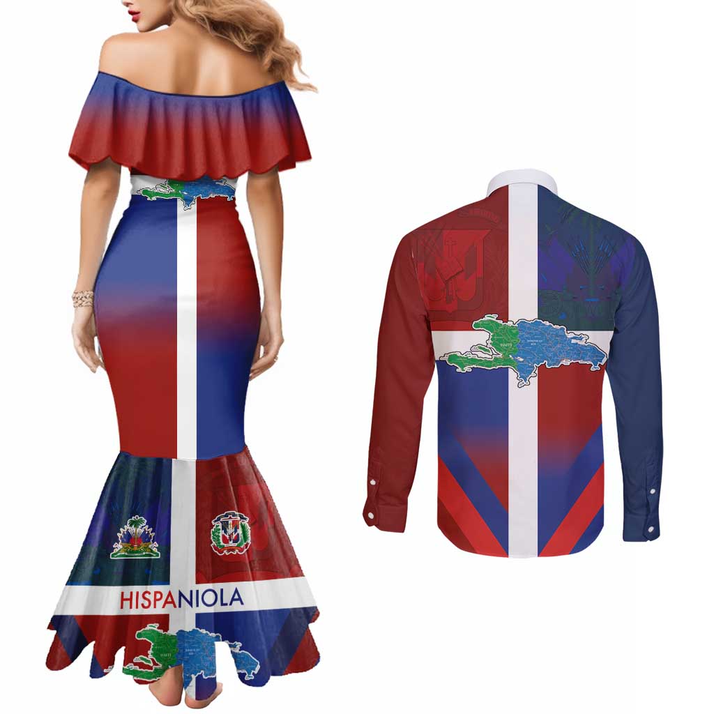 Haiti and Dominican Republic Couples Matching Mermaid Dress and Long Sleeve Button Shirt Hispaniola with Emblems and Flag Style