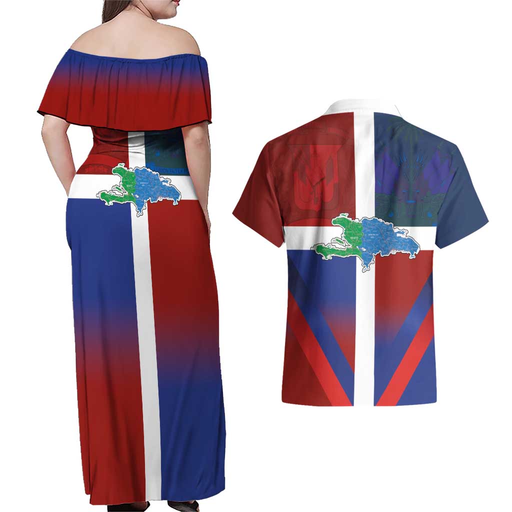 Haiti and Dominican Republic Couples Matching Off Shoulder Maxi Dress and Hawaiian Shirt Hispaniola with Emblems and Flag Style