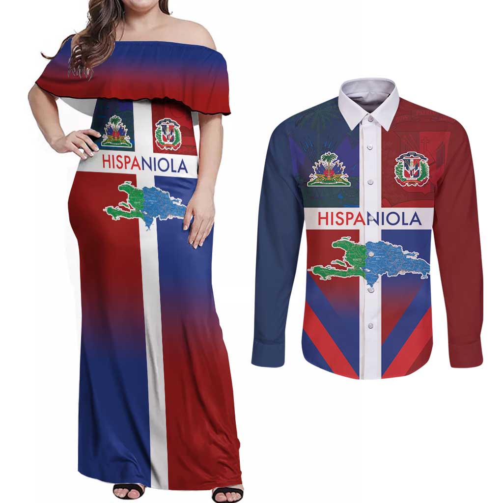 Haiti and Dominican Republic Couples Matching Off Shoulder Maxi Dress and Long Sleeve Button Shirt Hispaniola with Emblems and Flag Style