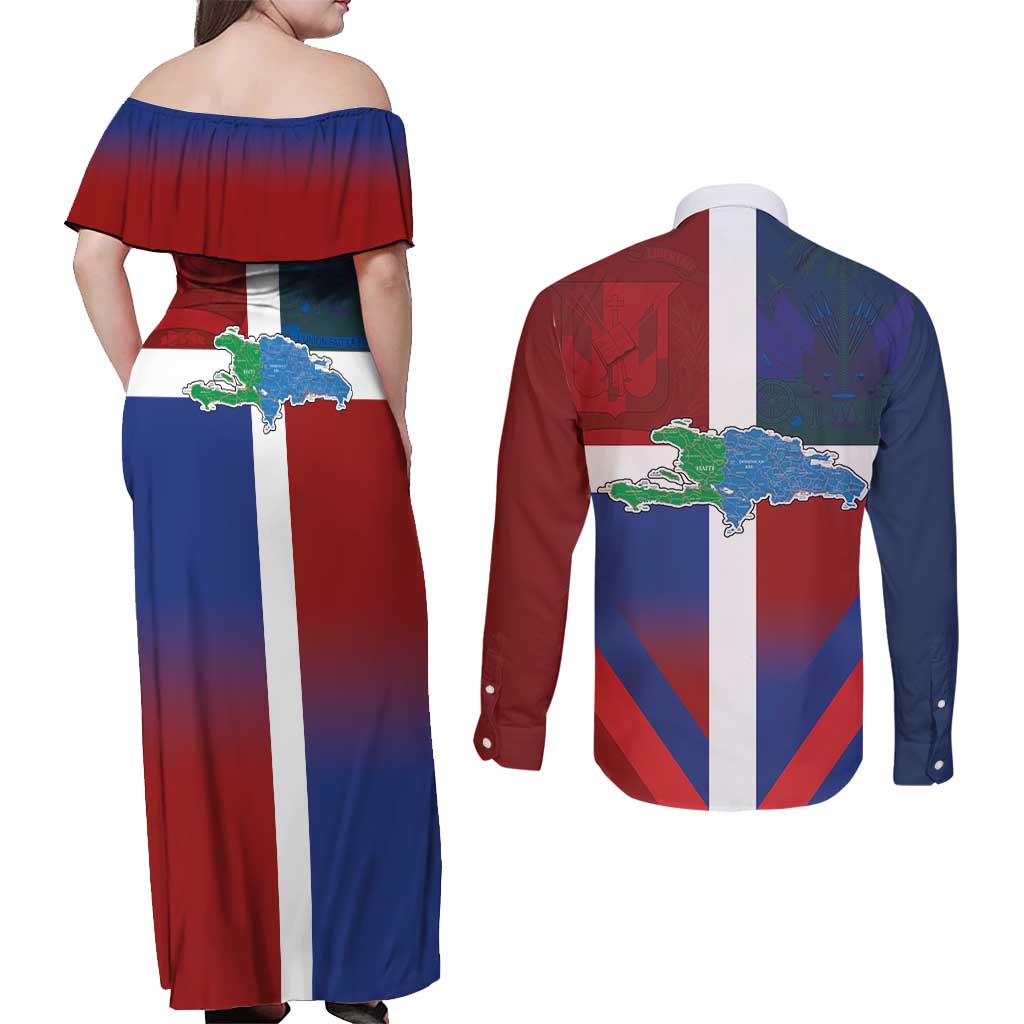 Haiti and Dominican Republic Couples Matching Off Shoulder Maxi Dress and Long Sleeve Button Shirt Hispaniola with Emblems and Flag Style