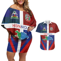 Haiti and Dominican Republic Couples Matching Off Shoulder Short Dress and Hawaiian Shirt Hispaniola with Emblems and Flag Style