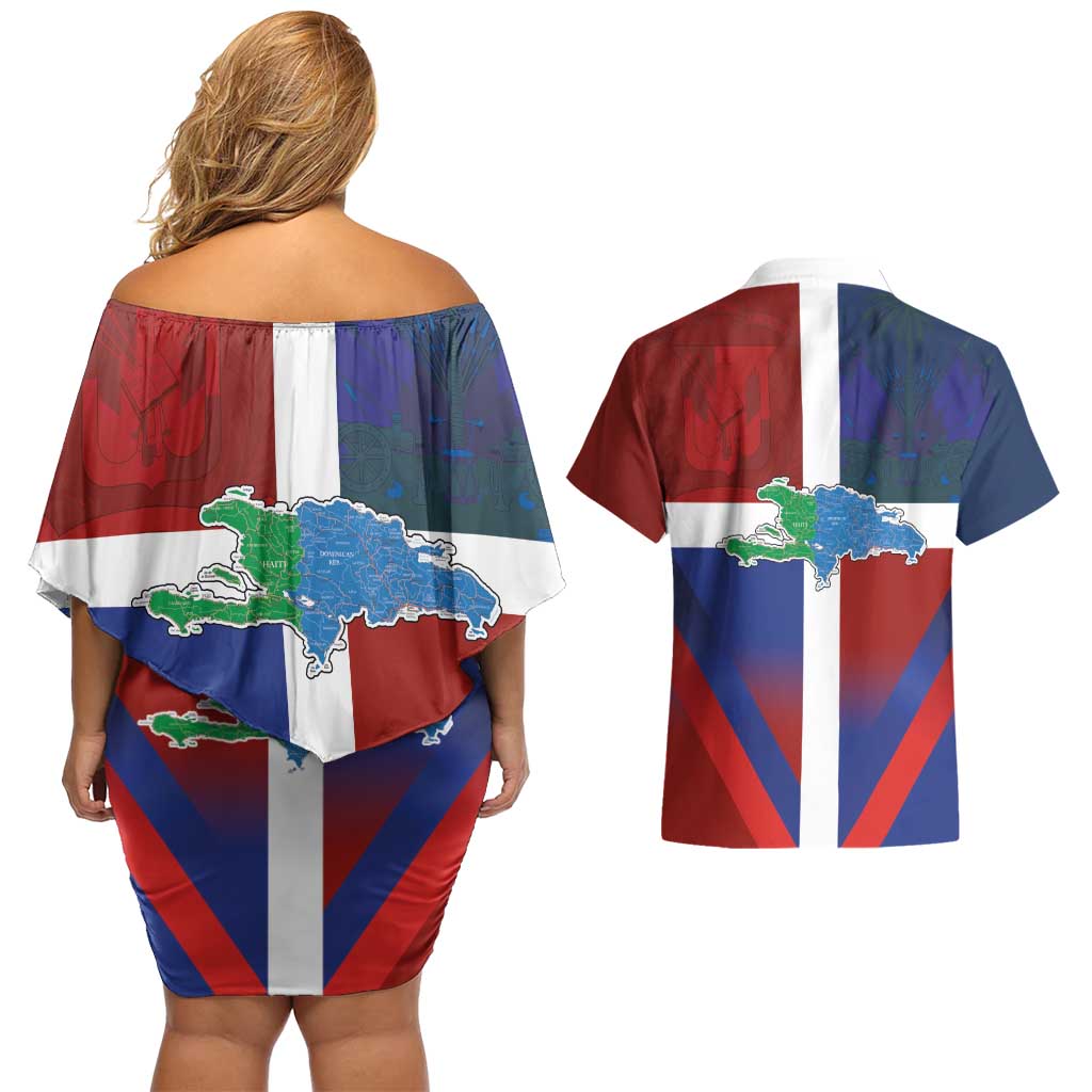 Haiti and Dominican Republic Couples Matching Off Shoulder Short Dress and Hawaiian Shirt Hispaniola with Emblems and Flag Style