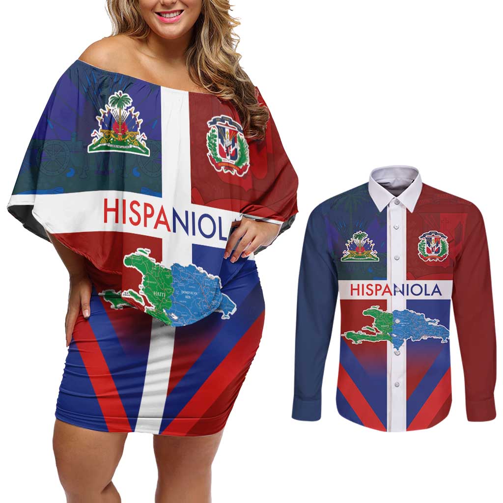 Haiti and Dominican Republic Couples Matching Off Shoulder Short Dress and Long Sleeve Button Shirt Hispaniola with Emblems and Flag Style