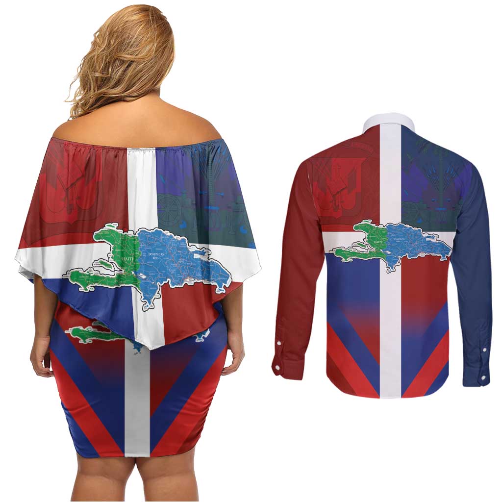 Haiti and Dominican Republic Couples Matching Off Shoulder Short Dress and Long Sleeve Button Shirt Hispaniola with Emblems and Flag Style