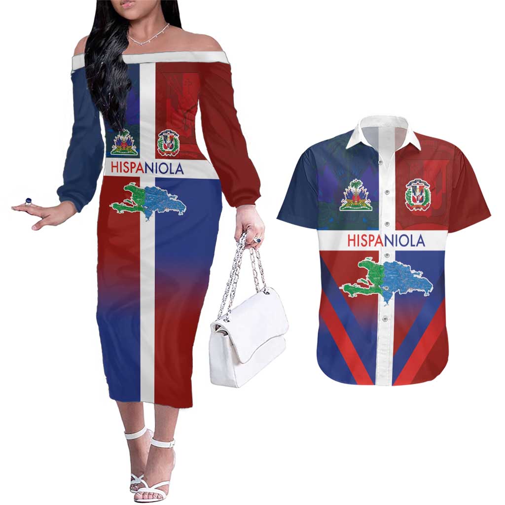 Haiti and Dominican Republic Couples Matching Off The Shoulder Long Sleeve Dress and Hawaiian Shirt Hispaniola with Emblems and Flag Style