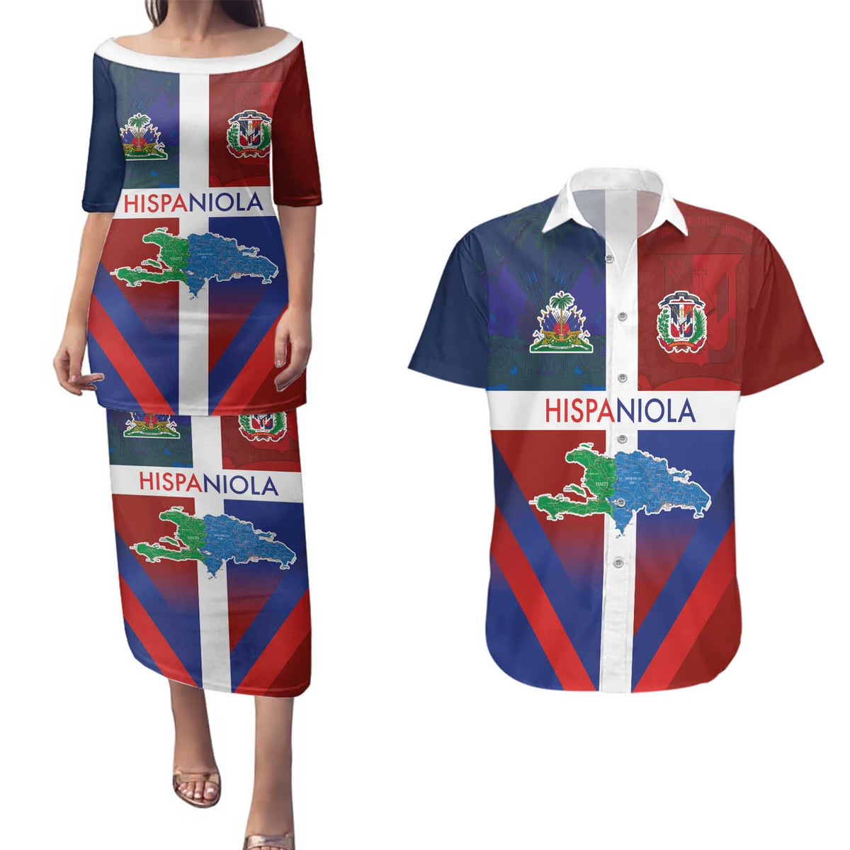 Haiti and Dominican Republic Couples Matching Puletasi and Hawaiian Shirt Hispaniola with Emblems and Flag Style